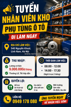 Tuyển nhân viên kho phụ tùng ô tô [bao cơm]