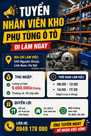 Tuyển nhân viên kho phụ tùng ô tô [bao cơm]