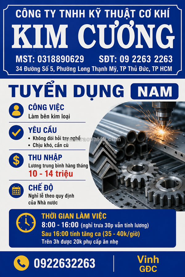 Tuyển nhân viên sản xuất gia công kim loại