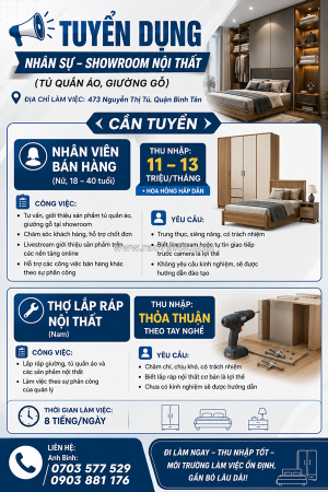 Tuyển nv bán hàng, thợ lắp ráp nội thất bình tân