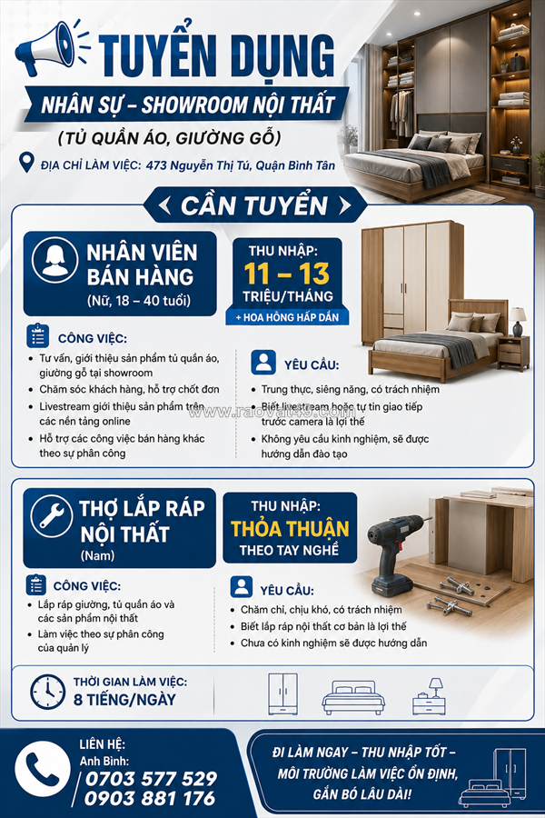 Tuyển nv bán hàng, thợ lắp ráp nội thất bình tân