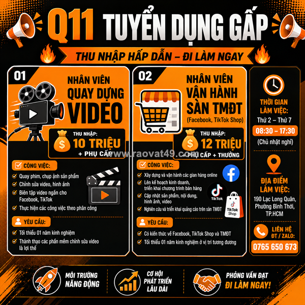 Tuyển nv quay dựng video & nv vận hành sàn tmđt