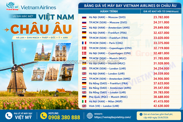 Vietnam airlines ưu đãi vé máy bay đi châu âu 2026