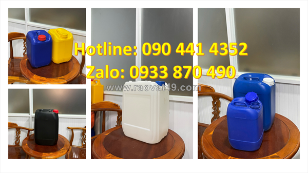 Can chứa axit đậm đặc 30 lít vuông, can nhựa 25 lít đựng dầu nhớt, can nhựa tròn 20 lít màu trắng