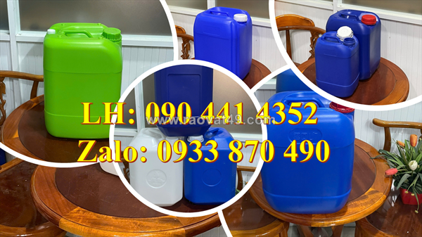Can nhựa 5 lít đựng axit yếu, can nhựa 2 lít đựng chất tẩy vim, can nhựa 1 lít tròn đựng nước xả vải