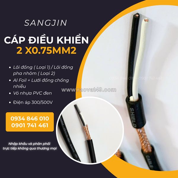 Cáp điều khiển sangjin 2x0.75mm2 có lưới sẵn sài gòn, bình dương, đồng nai