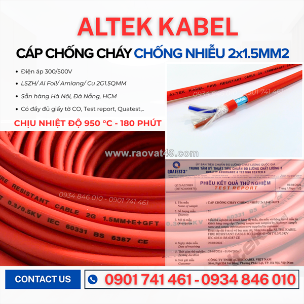 Cáp nguồn chống cháy chống nhiễu 2x1.5 altek kabel sẵn quảng ngãi, bình định, đắk lắk