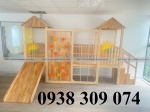 Cầu trượt gỗ liên hoàn trẻ em , thang leo cầu trượt gỗ mầm non