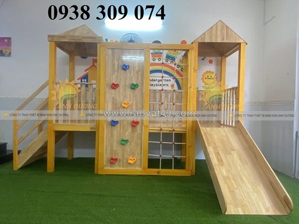 Cầu trượt gỗ liên hoàn trẻ em , thang leo cầu trượt gỗ mầm non