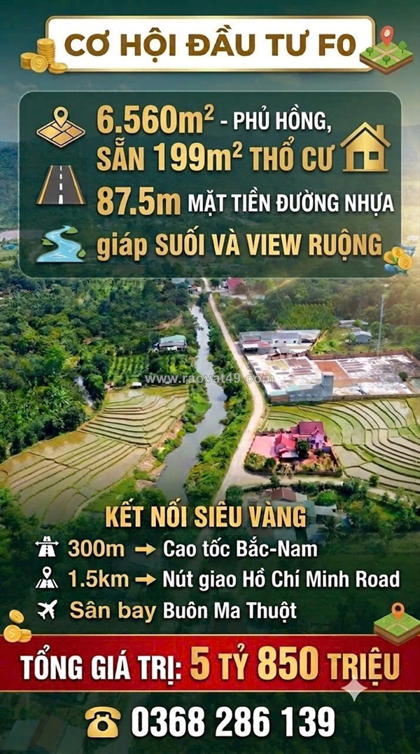 Cơ hội đầu tư fo 6.560m² - phủ hồng, sẵn 199m² thổ cư, chỉ 5.5 tỷ. lh:0368286139