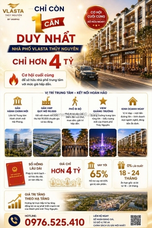 Duy nhất 1 căn chỉ hơn 4 tỷ - sở hữu căn hộ 240m2 dự án vlasta thủy nguyên