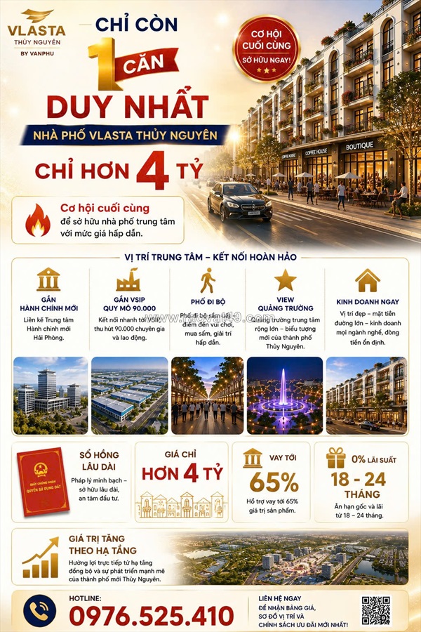 Duy nhất 1 căn chỉ hơn 4 tỷ - sở hữu căn hộ 240m2 dự án vlasta thủy nguyên