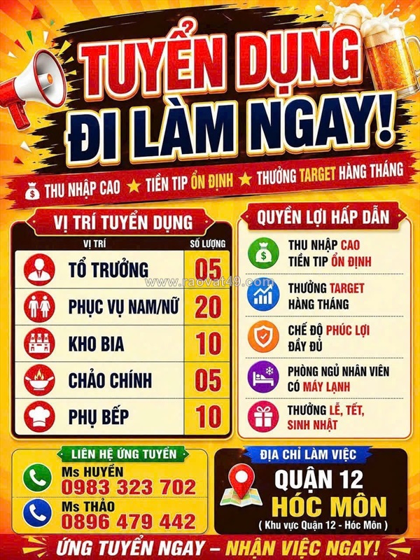 Hệ thống nhà hàng bia hơi hà nội tuyển các vị trí làm hóc môn