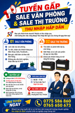 [ko cần kn, có thưởng] 3 nv sale tp.hcm