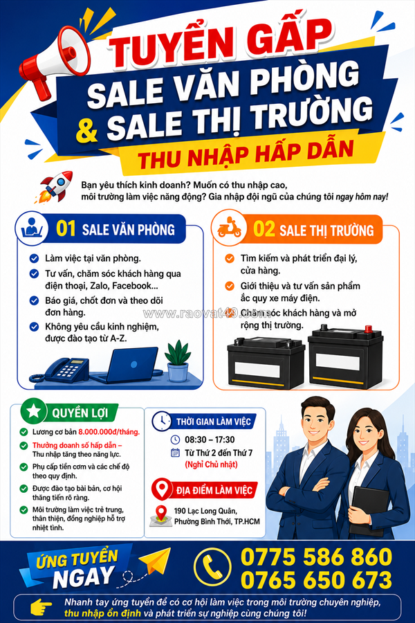 [ko cần kn, có thưởng] 3 nv sale tp.hcm