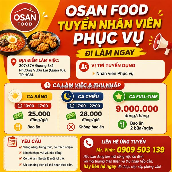 [làm ngay, bao cơm] nhân viên phục vụ quận 10