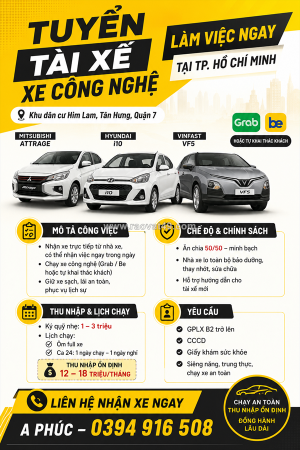 [làm ngay] tài xế xe công nghệ quận 7