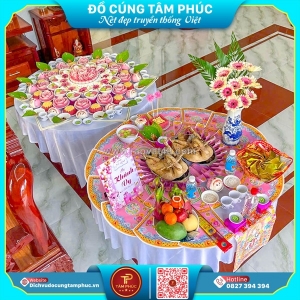 Mâm cúng đầy tháng thôi nôi tone màu hồng cho bé gái
