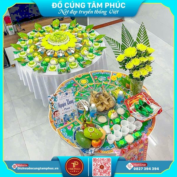 Mâm cúng đầy tháng thôi nôi tone màu xanh lá cho bé trai