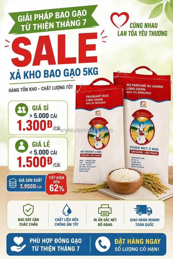 Sale xả kho bao gạo 5kg – chỉ tháng 7