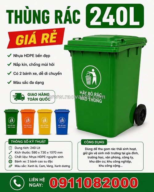 Sỉ lẻ thùng rác 120l 240l giá rẻ, miễn phí giao hàng toàn quốc- lh 0911082000