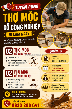 Tuyển 4 thợ mộc gỗ công nghiệp hóc môn