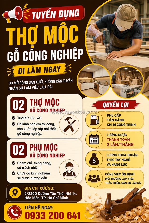 Tuyển 4 thợ mộc gỗ công nghiệp hóc môn