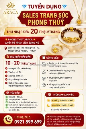 Tuyển dụng sales trang sức phong thuỷ – thu nhập đến 20 triệu/tháng