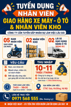 Tuyển nhân viên giao hàng xe máy - ô tô & nhân viên kho