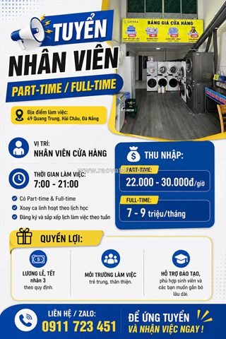 Tuyển nhân viên part-time / full-time tiệm giặc sấy
