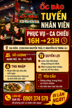 Tuyển nhân viên phục vụ – ca chiều 16h → 23h