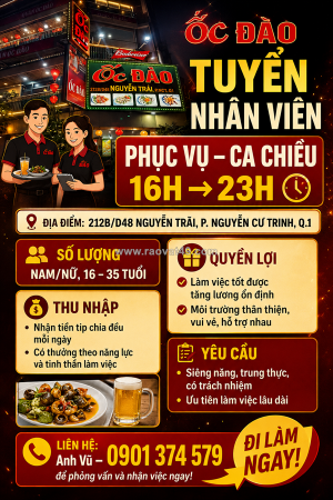 Tuyển nhân viên phục vụ – ca chiều 16h → 23h