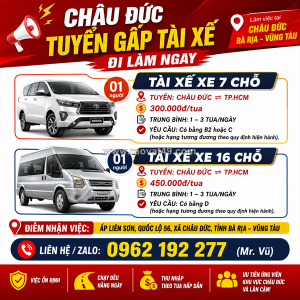 Tuyển  tài xế 7 và 16 chỗ châu đức ⇄ tp.hcm
