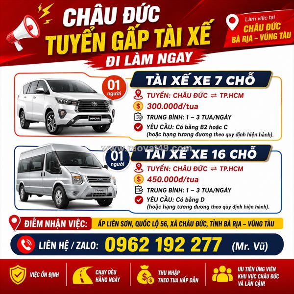 Tuyển  tài xế 7 và 16 chỗ châu đức ⇄ tp.hcm