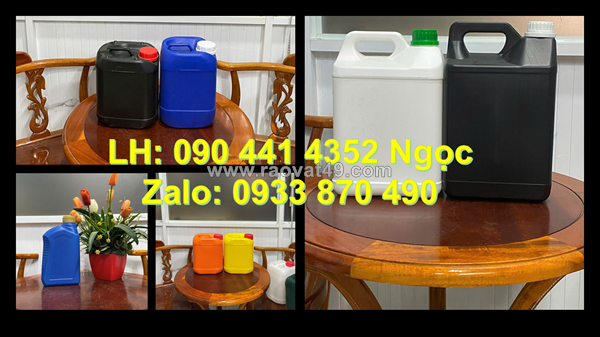 Vỏ can nhựa 5 lít vàng, can nhựa 2 lít màu đen, bình nhựa 1 lít trắng đựng rượu