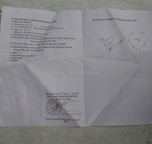 Bán đất huyện ninh giang, hải dương, dt 407m2 - sổ đỏ - 1.6 tỷ. lh:0375740010