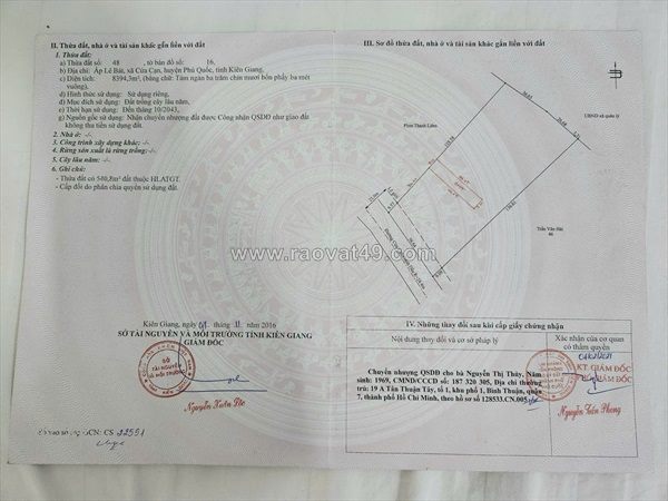 Bán đất phú quốc, tỉnh kiên giang – dt 8394,3 m2 - shr – tr/m2. lh:0903464999