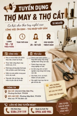 [bao ăn ở] tuyển 10 thợ may & thợ cắt tp. thủ đức