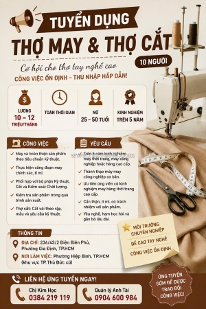 [bao ăn ở] tuyển 10 thợ may & thợ cắt tp. thủ đức