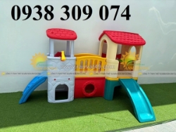 Cầu trượt liên hoàn 2 khối nhà, xe chòi chân mầm non, xe chòi chân ô tô trẻ em