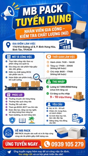 Công ty tnhh mb pack tuyển dụng nhân viên gia công – kiểm tra chất lượng (nữ)
