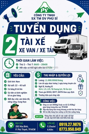 Công ty tnhh sx tm dv phú sĩ tuyển dụng – 2 tài xế xe van/xe tải