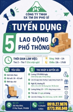 Công ty tnhh sx tm dv phú sĩ tuyển dụng 5 lao động phổ thông