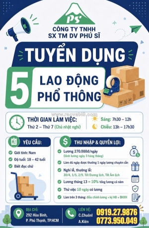 Công ty tnhh sx tm dv phú sĩ tuyển dụng 5 lao động phổ thông