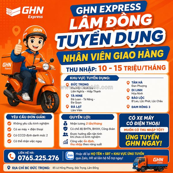 Ghn express lâm đồng tuyển nhân viên giao hàng