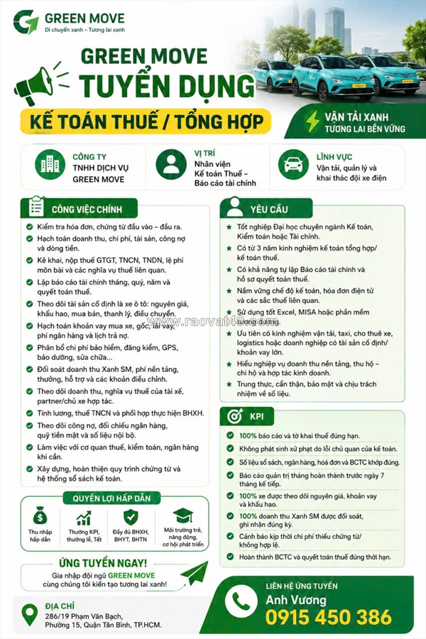 Green move tuyển dụng – kế toán thuế / tổng hợp