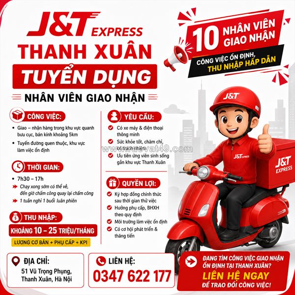 J&t express thanh xuân tuyển dụng – nhân viên giao nhận