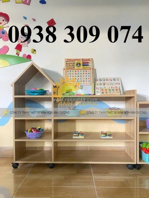 Kệ montessori ngôi nhà mầm non, kệ gỗ montessori để đồ chơi học liệu