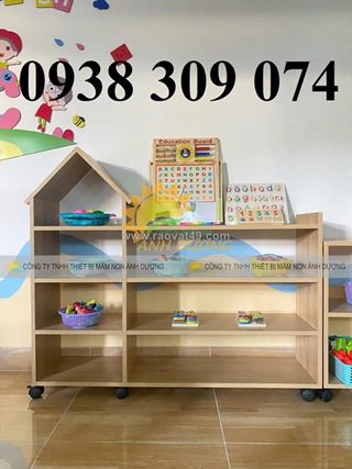 Kệ montessori ngôi nhà mầm non, kệ gỗ montessori để đồ chơi học liệu