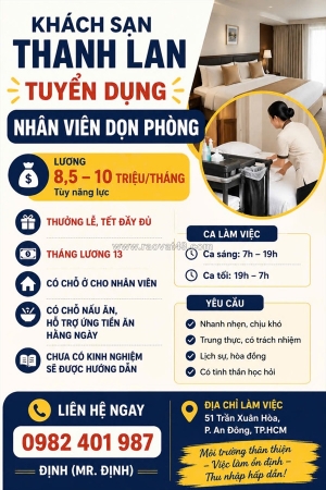 [ko cần kn, bao ăn ở] nhân viên dọn phòng tp.hcm